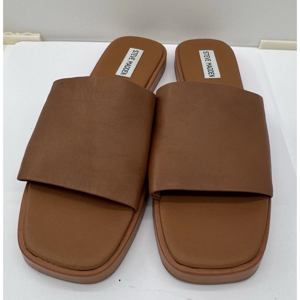 Steve Madden Harperr Cognac Brown Leather Slide Sandals Size 9M‎ Cushion Slip On